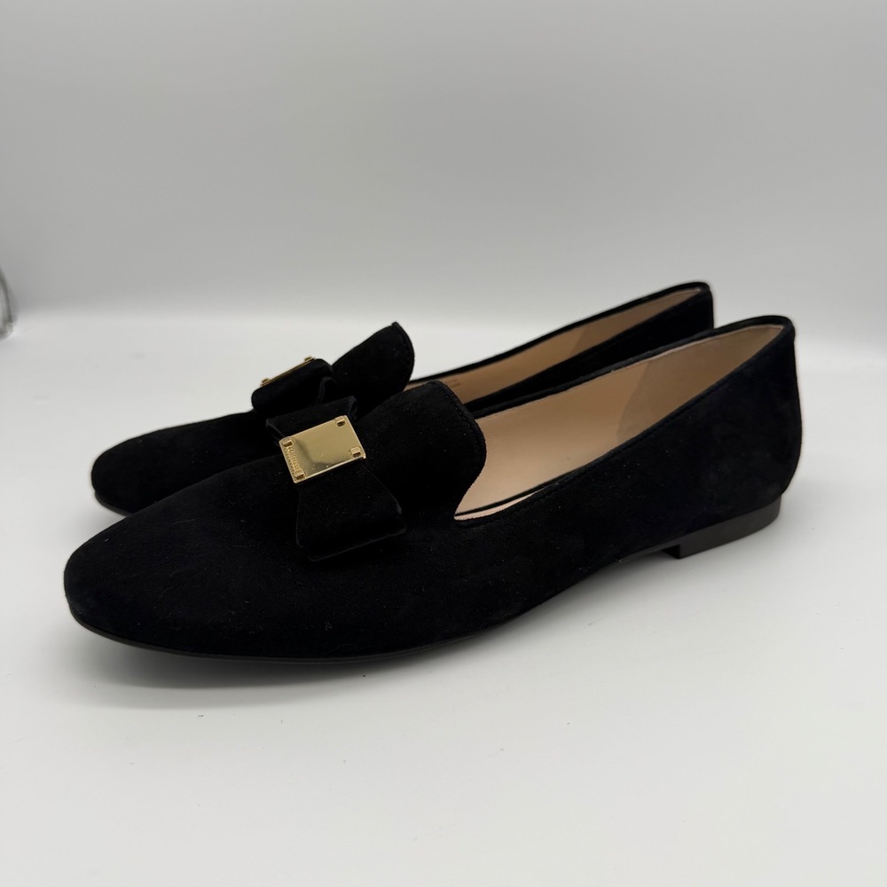 Cole Haan Black Suede Bow Loafers with Gold Accent